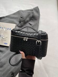 BEIKAMU 1件裝時尚純色PU方形包，拉鍊開合百搭女款方盒手提包，可調節肩帶斜挎包，適合大學、通勤、購物、街頭穿搭、日常使用 - 黑色 - 查看 5