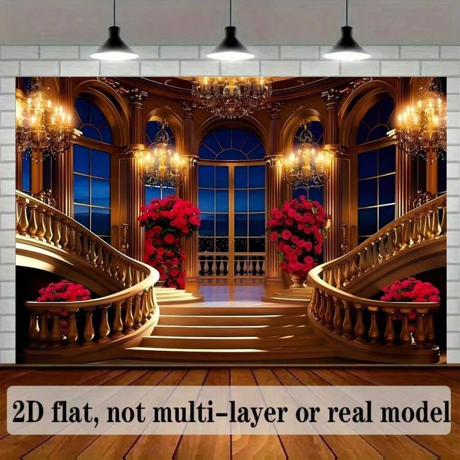 1 Large Staircase Banner, With Branch Chandeliers And Red Flowers, Polyester Textile Background For General Events, Versatile Medieval Palace Theme For Weddings And Photography, No Power Required