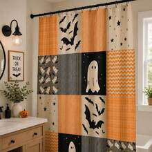 1Pcs Halloween Shower Curtain | Orange Black Pattern, Patchwork Ghosts And Bats Decoration Home Decor Bathroom Decor - A - View 5