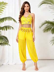Professional Belly Dance Coin Fringe Embroidered Halter Crop Top, Elastic Waist Dot Mesh Harem Pants For Dance Training, Flamenco Shows And Competitions - Multicolor - View 9