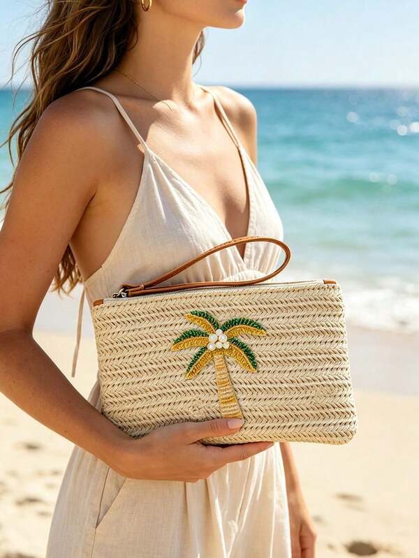 Straw Woven Beaded Coconut Tree Clutch, Bohemian Beach Straw Wristlet Wallet, Multi-Functional Storage Bag, Makeup Bag, Exquisite Beaded Decoration With Colorful Beaded Lemon Accent, Summer Beach Travel And Vacation Straw Clutch, Ideal For Casual Outings And Beach Parties, Suitable For Women And Teens, Perfect For Spring Break, Easter And Summer Gifts, Beach Clutch, Wristlet And Vacation Clutch, Multi-Functional Choice For Mother's Day Gifts
