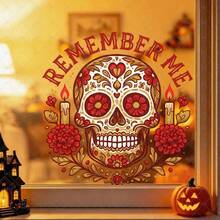 1pc Vintage Style Decorative Sugar Skull Window Sticker With Flowers Candles Leaves Arched Lucky Bones Text Centered Framed By Symmetrical Floral Vines Clear Vinyl Self-Adhesive Removable Easy Peel Stick For Glass Halloween Decoration - Multicolor - View 11