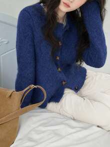 Women's Autumn/Winter Casual Minimalist Solid Color Round Neck, Wool Blend Yarn, Knitted Cardigan Jacket - Blue - View 4