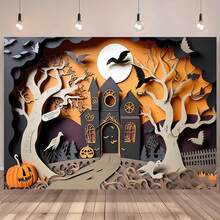 1 Halloween Banner, Castle And Pumpkin Pattern, Halloween Photography Background Cloth, Suitable For Home Entrance, Garden And Living Room Decoration - Multicolor - View 2