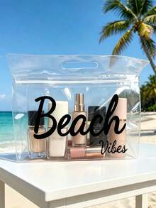 透明防水洗漱包，白色「Beach」字母與棕櫚樹 Logo，可收納洗髮精、乳液、化妝品等，時尚實用，適合旅行、通勤、學生與美妝愛好者，可用於旅行、健身、返校 - 彩色 - 查看 13