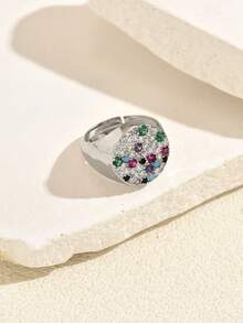 1pc European & American Dopamine Vintage Dual-Tone Solid Round Plate Mixed Color Zirconia Wide Band Ring, Women's Party Gift Daily Commute Accessory - Multicolor - View 9