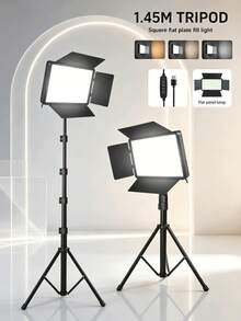 Professional LED Photography Spotlight (160cm, With Adjustable Tripod) And Portable Square Fill Light (With Diffuser), Suitable For Photography, Live Streaming And Meetings; Provides Powerful Lighting, Ideal For Parties, Selfies, Video Recording And Zoom Calls; No Battery Required, Suitable For Photography And Vlogging, Includes Stand - Black - View 1