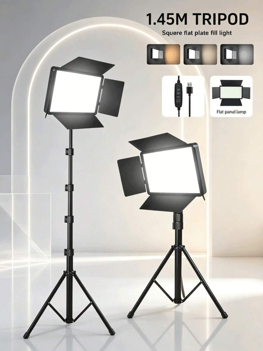 Professional LED Photography Spotlight (160cm, With Adjustable Tripod) And Portable Square Fill Light (With Diffuser), Suitable For Photography, Live Streaming And Meetings; Provides Powerful Lighting, Ideal For Parties, Selfies, Video Recording And Zoom Calls; No Battery Required, Suitable For Photography And Vlogging, Includes Stand - Black - View 1