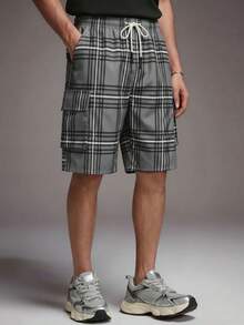 Men's Plus Size Sports Shorts, Plaid Knee-Length Shorts, Plus Size Cargo Shorts. Digital Print Large Pocket Shorts, Suitable For Summer Beach - Light Grey - View 4