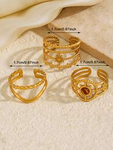 Juego de 3 anillos de acero inoxidable chapados en oro de 18K, estilo vintage de lujo con diseño geométrico de línea solar, adecuado para el uso diario de mujeres, regalo, vacaciones y viajes - Multicolor - Ver 5