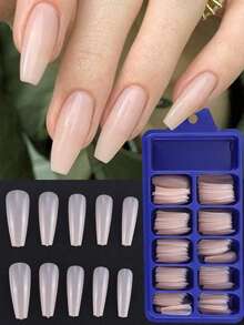 100pcs Translucent Nude Extra Long Boxed Fake Nails, Coffin Square Full Coverage Press-On Nails, Glossy Minimalist Fashion Acrylic Nails, DIY Nail Salon Design, Nail Extension Supplies - Apricot - View 9