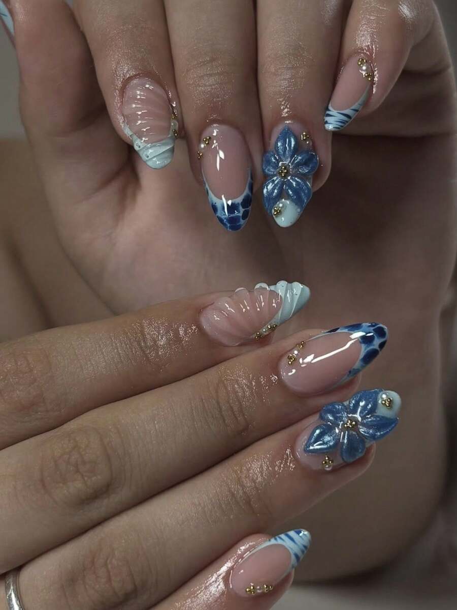24片/組中長杏仁形優雅藍色法式3D浮雕亮片花卉金珠全覆蓋壓貼式壓克力假指甲,含1片果凍膠與1片指甲锉,適合所有女性/女孩日常配戴、假日派對、下午茶等場合 - 彩色 - 查看 1