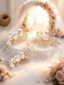 4pcs Set Simulated Ditsy Floral Metal Hair Forks Side Combs Suitable For Daily Wear - Coral Pink - View 7