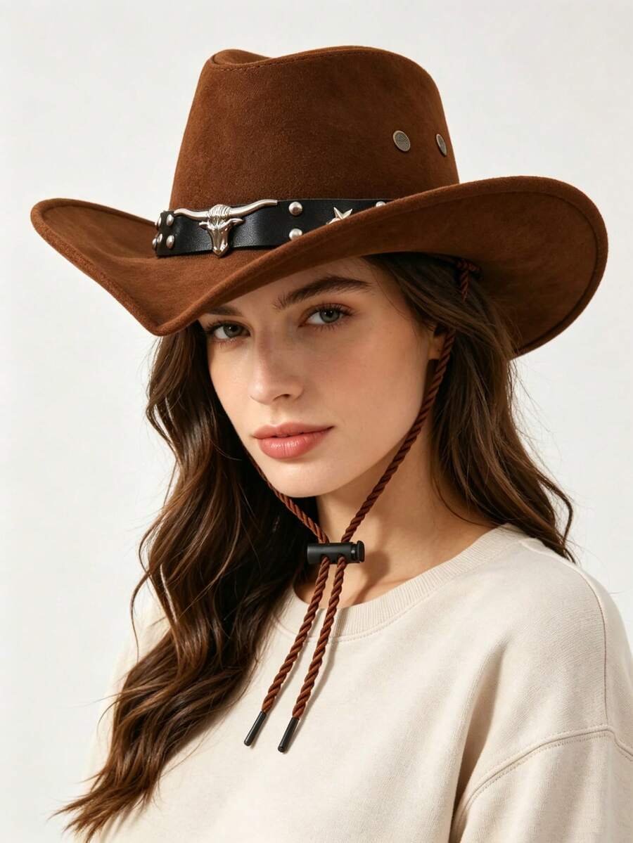 1. A Retro Western Cowboy Hat, Suitable For Both Men And Women. Decorated With Star-Shaped Rivets On The Cow's Head. A Suede Wide-Brimmed Women's Ride - Black Leather Star Foldable Cowboy Hat - View 1