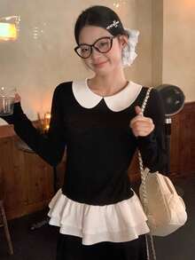 Contrast Color Peter Pan Collar Layered Ruffle Hem Elegant Preppy Style Long Sleeve T-Shirt Top - Black - View 1