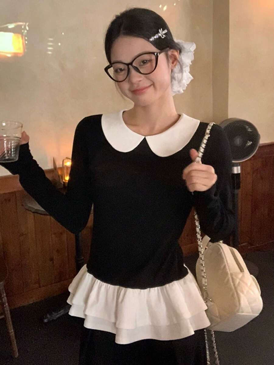 Contrast Color Peter Pan Collar Layered Ruffle Hem Elegant Preppy Style Long Sleeve T-Shirt Top - Black - View 1