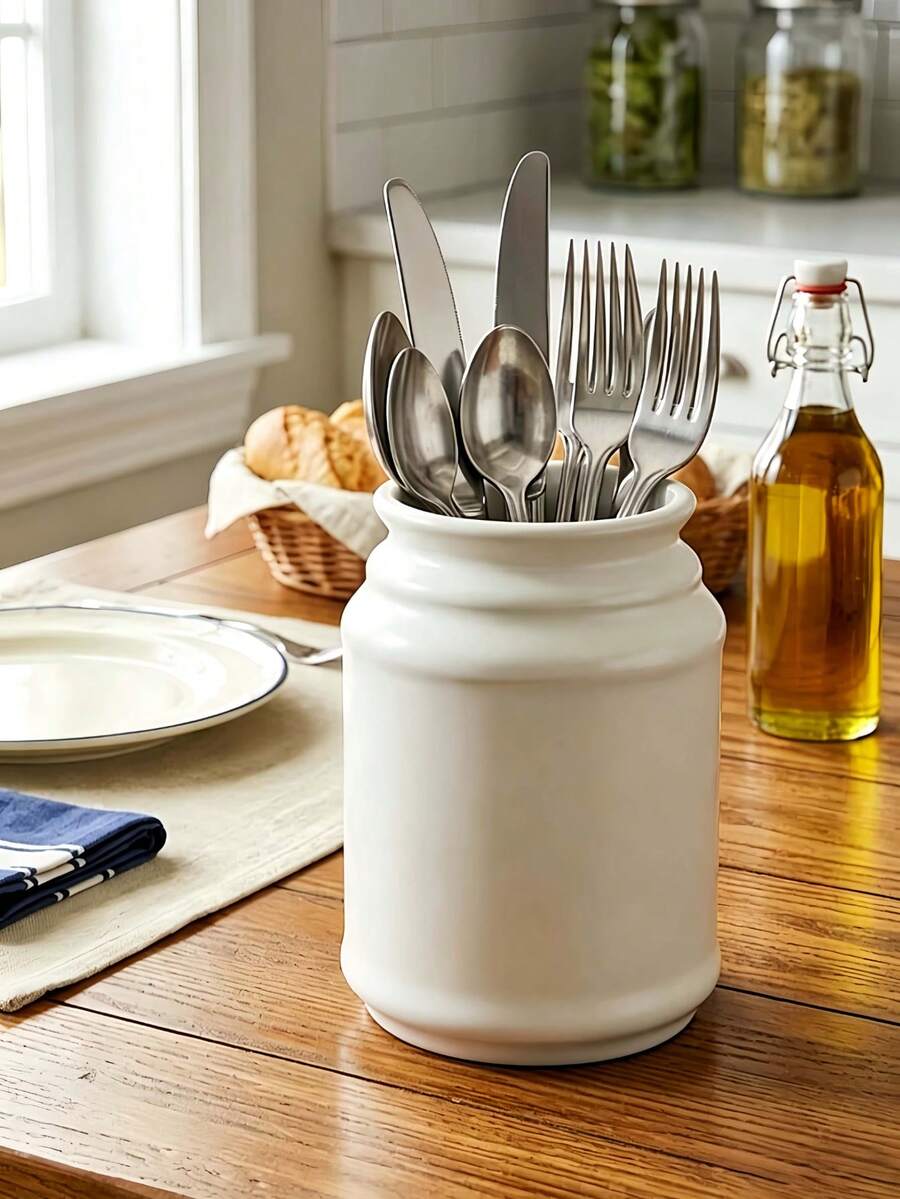 Large Capacity Farmhouse Style Tableware Storage Canister, Dining Room Kitchen Living Room Tableware Organizer, Suitable For Storing Spoons, Forks, Chopsticks, Countertop Utensil Holder, Decorative Kitchen Storage Container, Space-Saving - Multicolor - View 1
