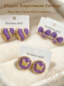 6/3 Pairs Summer Women's Gold Earrings, Fashionable Personalized Earrings. Purple Series, Including Bow, Flower, Turtle, Geometric Shapes. Stainless Steel Material, Low Hypoallergenic. Cute Accessories, Suitable For Women's Daily Wear. Suitable For Summer Travel And Vacation Wear, Best Gift For Family And Friends - Oil Dripping Kit - View 4