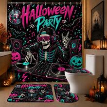 1/4pcs Neon Skull DJ Record Player Pumpkin Pattern Heat-Insulated Home Decor Bathroom Shower Curtain, With 12 Hooks, Suitable For Various Bathroom Scenes, Halloween Music Party Decoration - Skeleton DJ - View 5
