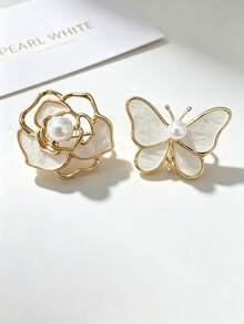 1pc Hollow High-End Floral Brooch, Korean Style Camellia And Pearl Butterfly Brooch Pin, Suitable For Women's Daily Wear Decoration - Multicolor - View 1