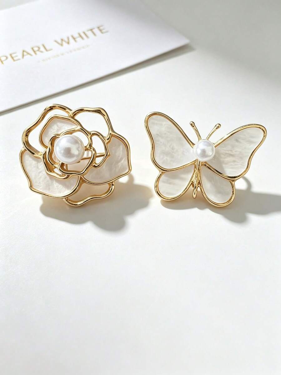 1pc Hollow High-End Floral Brooch, Korean Style Camellia And Pearl Butterfly Brooch Pin, Suitable For Women's Daily Wear Decoration - Multicolor - View 1