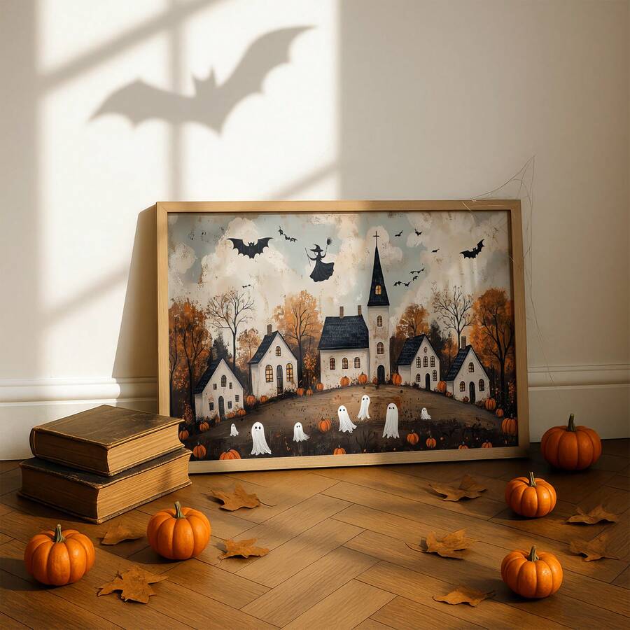 1pc Frameless Vintage Spooky Halloween City Wall Art Print, Whimsical Witch & Ghost Decor For College Dorm, Party, Bedroom, Gift - Witch - View 1