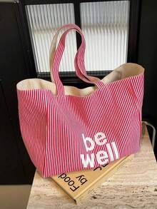 Minimalist Red & White Striped Fabric Tote Bag, Large Capacity Open Canvas Bag, Suitable For Travel, Shopping And Beach Outings - Red - View 4