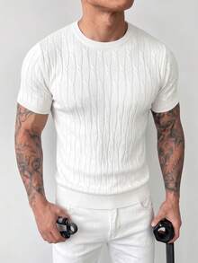 ZYNTH BALENO Men's Summer Fashion Crew Neck Cable Knit Slim Fit Short Sleeve Sweater, Suitable For Gym And Outdoor Sports - White - View 5