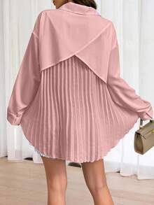 Women's Basic Long Sleeve Woven Shirt, Asymmetric Hem, Classic Collar, Non-Stretch Fabric Top - Pink - View 5