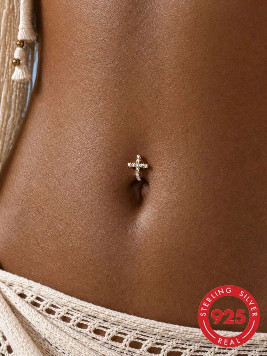 1Pc 925 Sterling Silver Cross CZ Belly Button Ring Hypoallergenic Hoop Earring Body Jewelry For Wedding, Party, Gift, Travel And Other Occasions - Gold - View 1