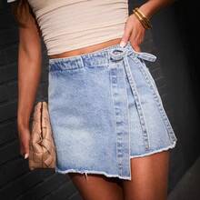 2026 American Retro Side Tie Irregular Raw Edge Denim Skort - Blue - View 1