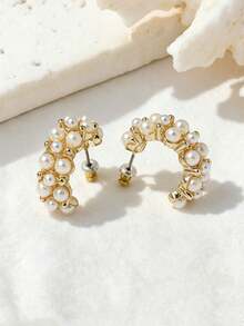 1 Pair European And American Exquisite Fashion Half-Circle Stud Earrings With Small Beads, Suitable For Women's Daily Wear Or Party - Half Hoop Earrings - View 4