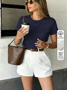 Kaos Wanita Modis dan Elegan Warna Polos - , Kasual Musim Panas - Navy Blue - View 2