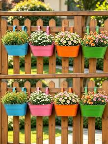6pcs/1pc Squishy Oval‑Shaped Double‑Hook Flower Pots, Solid‑Color Durable Metal, Casual All‑Season Style For Adult Garden Lovers, Hanging For Balcony Rail And Yard Fence, Detachable Planter Holders, Space‑Saving Outdoor Gardening Containers - Multiple Styles - View 6