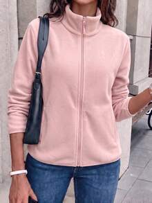 Women's Pink Stand Collar Fleece Jacket, Warm Thickened Long Sleeve Regular Fit, Suitable For Autumn/Winter Wear - Pink - View 3