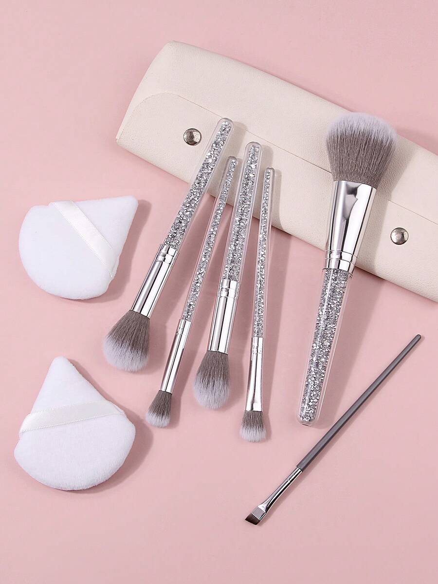 9pcs Makeup Brush Set With Makeup Sponges + PU Storage Bag, Compact All-In-One Daily Face And Eye Makeup Application Tools