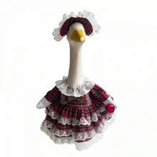 Christmas Goose Outfit For 23 Porch Goose Statue Plaid Print Lace Trim Dress With Attached Apple And Matching Hat Set - Multicolor - View 7