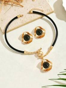 1 Set Fashion Vintage Textured Asymmetrical Round Tiger Eye Stone Necklace & Earrings Set, Women's Autumn/Winter Party & Daily Versatile Accessory - Set - View 8