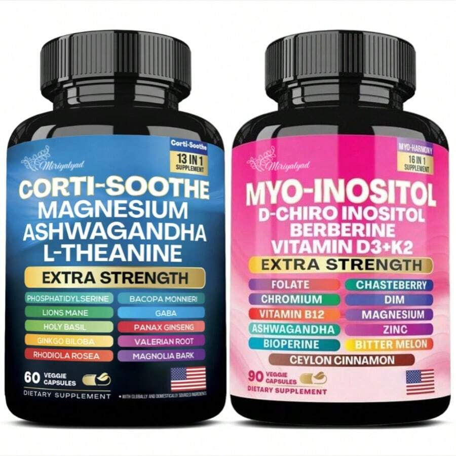 Miriyalyad Paquete de cápsulas de Rhodiola y raíz de valeriana para alivio del cortisol, combinado con fórmula de chasteberry, canela de Ceilán, inositol y berberina, suplemento vegano para la reducción diaria del estrés y el mantenimiento hormonal - 1 juego - Ver 1