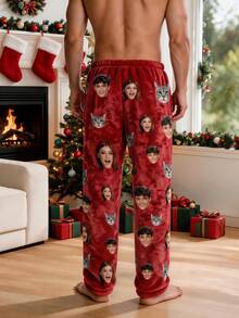 1pc Men's Customized Face & Pet Cat Photo Red Pajama Pants, Personalized Christmas Home Lounge Pants, Christmas Gift For Husband - Multicolor - View 4