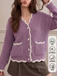 Preppy White Contrast Trim Knit Cardigan, V-Neck Heart Button Patch Pocket Cropped Jacket, Autumn Thanksgiving Streetwear - Purple - View 1