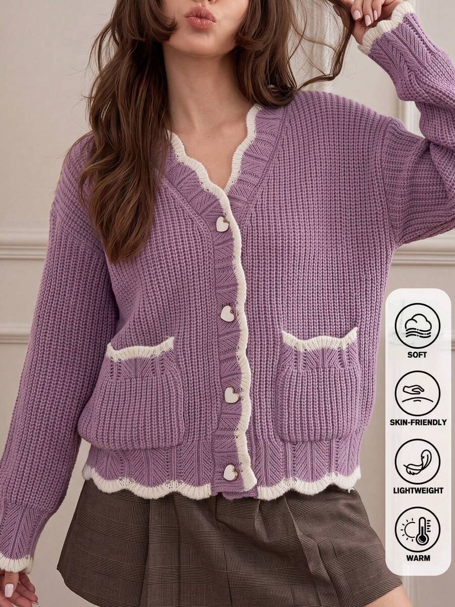 Preppy White Contrast Trim Knit Cardigan, V-Neck Heart Button Patch Pocket Cropped Jacket, Autumn Thanksgiving Streetwear - Purple - View 1