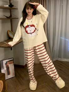 2pcs/Set Women's Pajamas Loungewear Set, Cute Animal Print Pullover Round Neck Simple Long Sleeve Pants, Comfortable For Home Wear - Champagne - View 8
