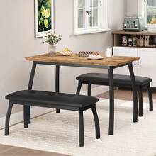 Juego de Comedor para 4 – Mesa Rectangular Madera y Metal con 2 Bancos Tapizados en PU, Estilo Industrial Resistente – Para Cocina, Comar o Desayunador - Multicolor - Ver 2