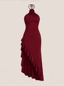 Women's Sexy Halter Backless Split Ruffle Hem Bodycon Dress Elegant Summer - Burgundy - View 2