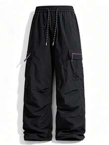 NBCT Women's Outdoor Cargo Wide Leg Pants With Elastic Drawstring Waist, Side Multiple Zipper Pockets, Versatile Casual Straight Leg Long Pants For Camping And Hiking - Black - View 3