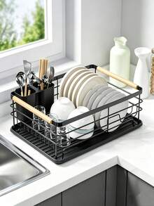 Black & White Carbon Steel Dish Drying Rack With Wooden Handle, Large Capacity Countertop Dish Rack,Kitchen Storage Rack,Countertop Plate Bowl Cup Organizer With Removable Utensil Holder & Drain Tray, Multi-Size Kitchen Dish Storage Rack For Home - View 4
