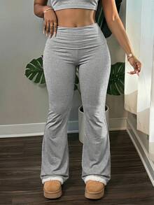 Women's Casual Solid Color Wide Waist Flare Pants, Layered Waist High-Waist Pleated Slim Fit Leggings Fall - Light Gray - View 5