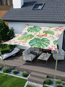 1pc Butterfly And Floral Print Design Sunshade, Outdoor Adventure Sunshade And Canopy, 2D Flat Printed Tent, Washable, Suitable For Garden, Camping, Beach And Other Multiple Scenarios, Comes With 4 Fixing Ropes And 4 Ground Stakes, Frame Not Included - Multicolor - View 9