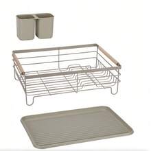 Dish Drying Rack With Drain Tray & Cutlery Holder | Metal Kitchen Dish Rack With Wooden Handles | Black / White / Grey / Beige - View 11